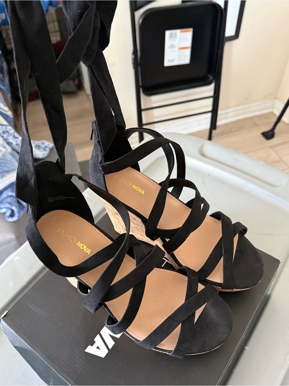 Fashion Nova Black Strappy Cork Wedge Sandals with Ankle Tie - Picture 6 of 14